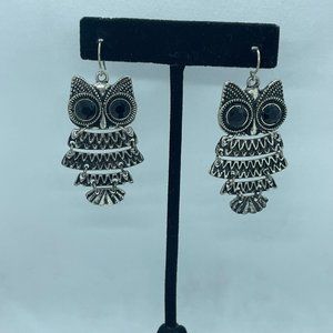 Silver Tone and Black Rhinestone Articulated Owl French Hook Earrings